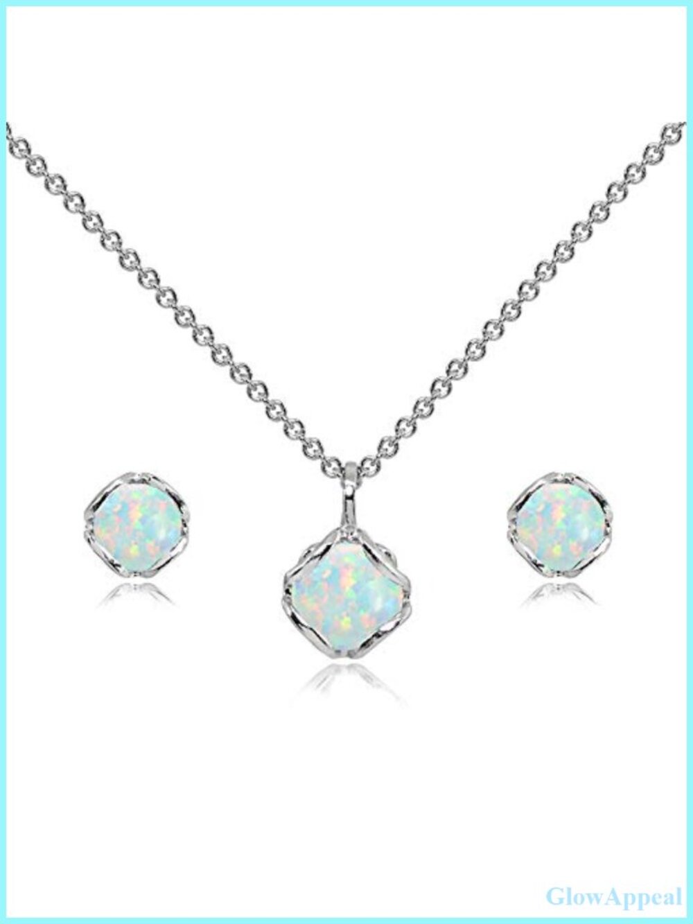 Sterling Silver Synthetic White Opal Pendant Necklace Stud Earrings Set